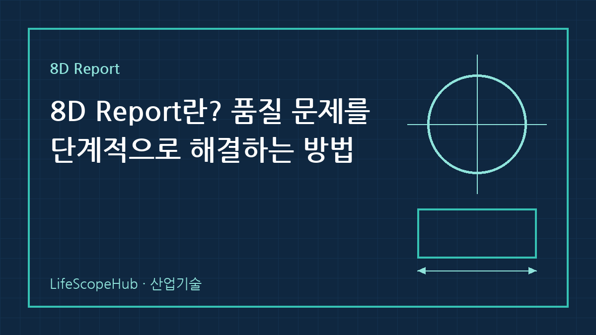 8D Report란? 품질 문제를 단계적으로 해결하는 방법 — 제목과 기술 도면 모티프가 들어간 LifeScopeHub 산업기술 대표 이미지